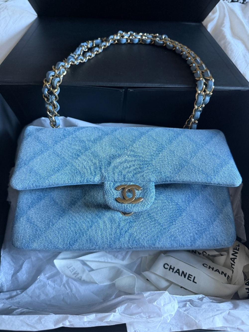 CHANEL Classic Flap Medium Denim Blue Gold Hardware 22B Full Set